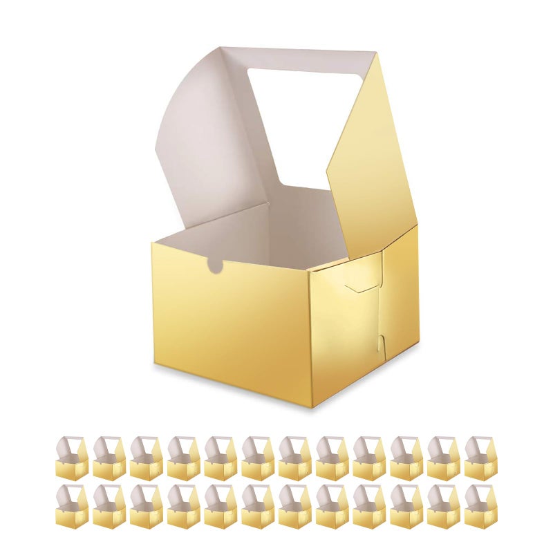 BAKIPACK 25 Gold Bakery Boxes with Window 5x5x3.5 Inches, Dessert Boxes to Go with Window, Treat Boxes for Small Bakery, Dessert, Candy, Cookies, Pastry, Party Favors, Wedding Cake - Image 1